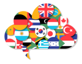 Bild von verschiedenen Landesflaggen in einer Sprechblase