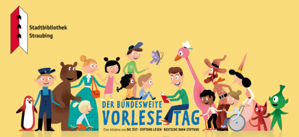verschiedene Tiere und Kinder hören einem Menschen beim Vorlesen zu
